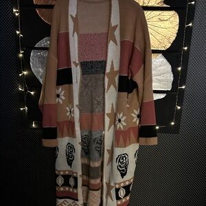 Bohemian Long Cardigan with Geometric Patterns 4X